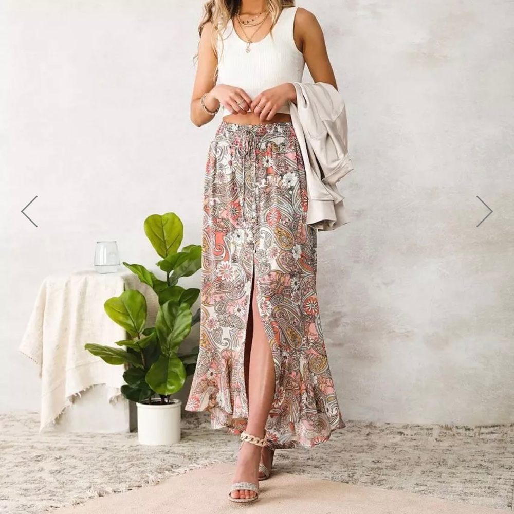 Paisley chiffon max skirt - faux bottoms with a tie at the waist. Flowy.